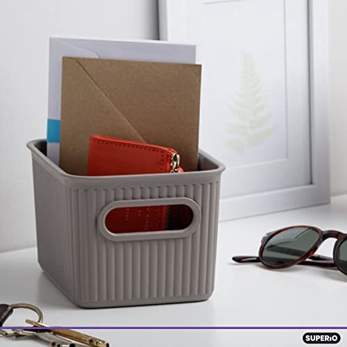 Superio 1.5 L Mini Ribbed Storage Bin- Plastic Storage Basket (Taupe, 4 Pack)
