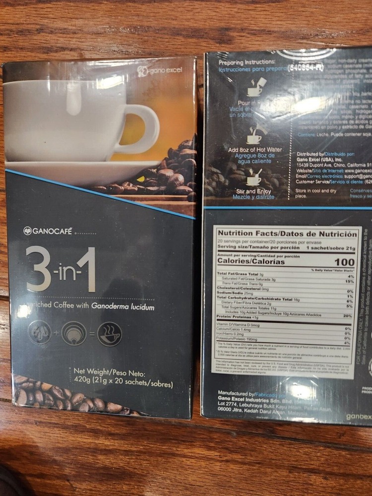 2 PACK GANOCAFE 3 IN 1 COFFEE ENRICHED WITH GANODERMA 20 SACHETS EACH 05/2025