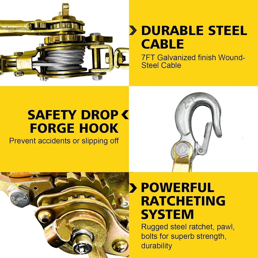 Come Along Winch Puller 2T, 10FT Cable Hoist Winch Puller with 2 Hooks, Come Alo