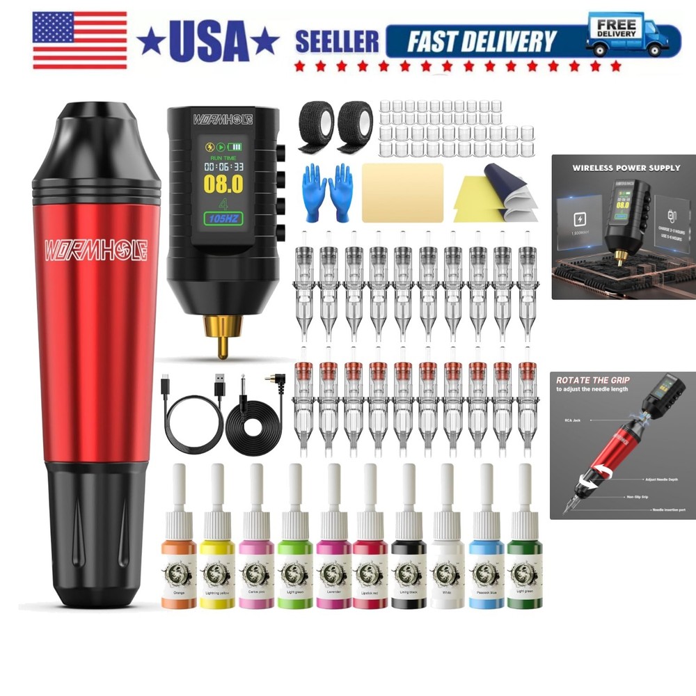 Wireless Tattoo Practice Gun Kit with 1,800mAh Battery LED Digital Display, 2...
