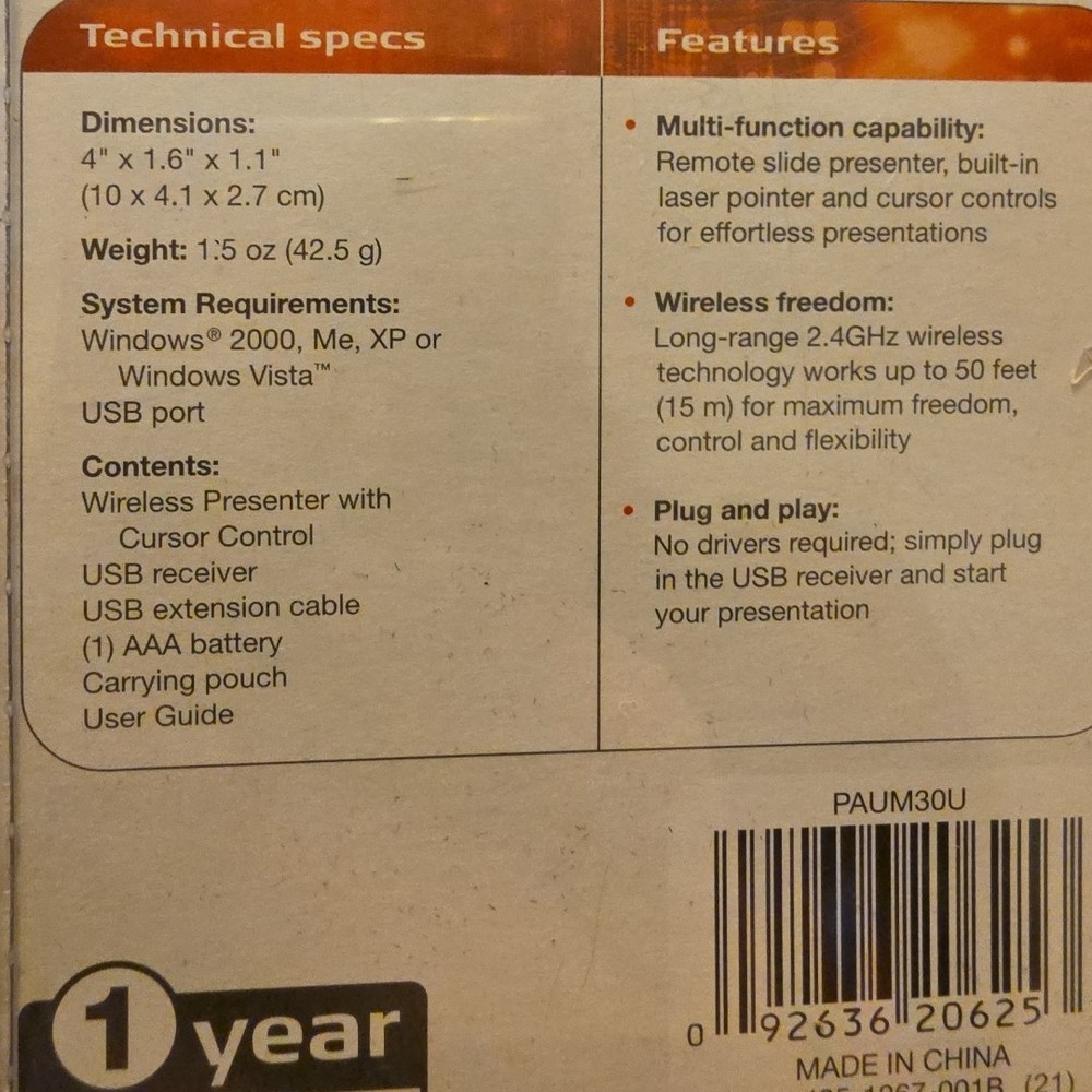 Targus Wireless Presenter w/Cursor Control Laser Pointer 50 Foot Range