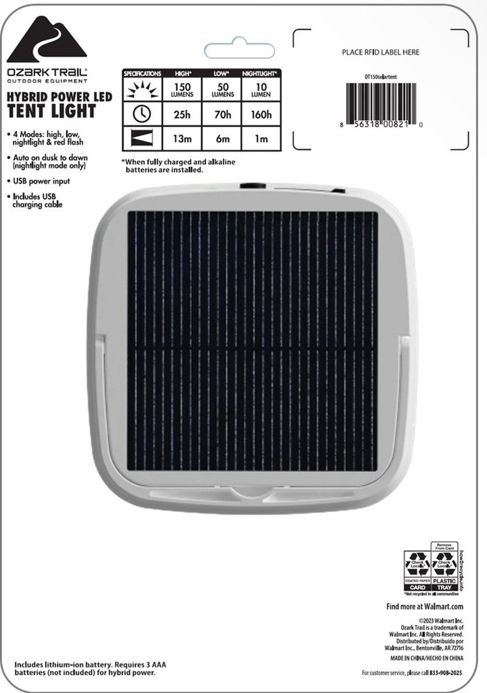 Ozark Trail Solar Tent Light - Inductive Magnetic Charging & Sensing Nightlight