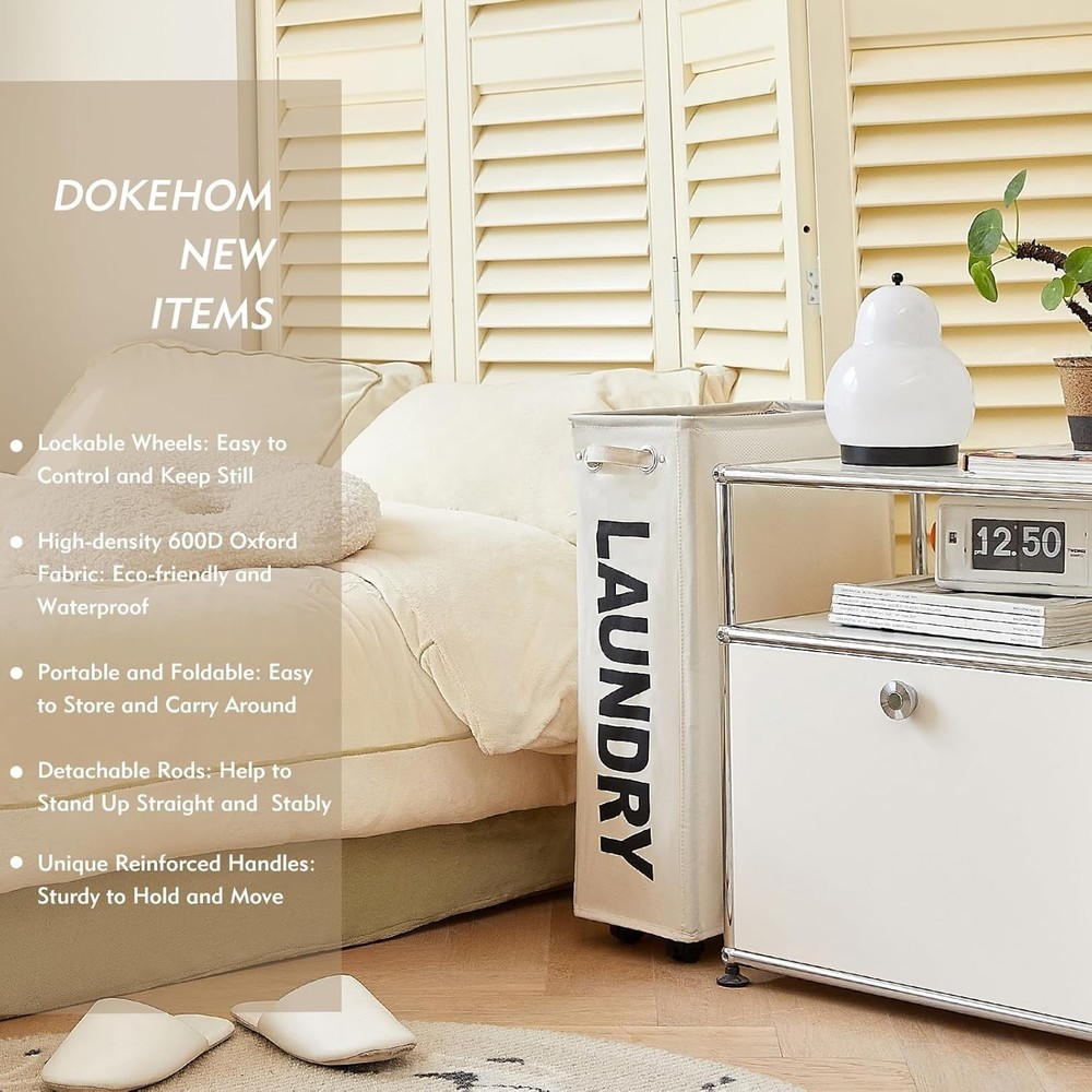 Foldable Narrow Laundry Hamper on Wheels 25" Collapsible Beige Storage