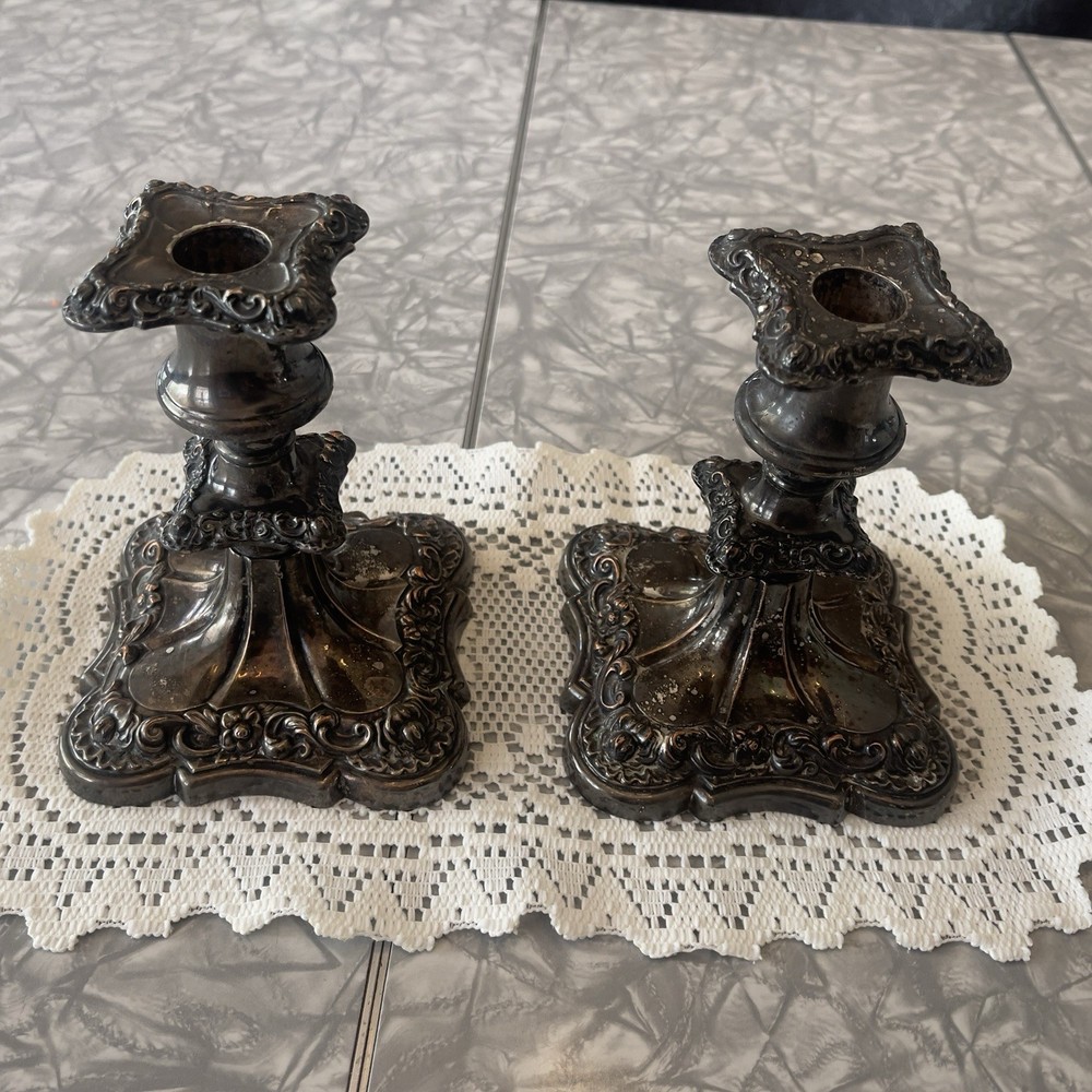 Baroque & Rococo Silverplate Candlesticks Pair with Removable Bobeches antique