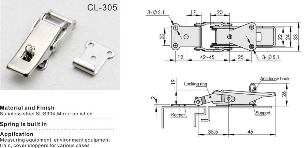 3" Stainless Steel Draw Latch Secondary Catch, with Spring, Toggle Latch