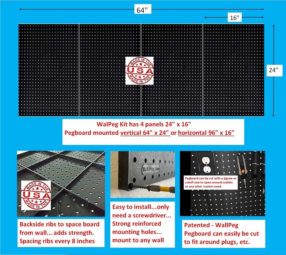 WallPeg 4 Black Plastic Peg Board Panels-96” Wide Garage Tool Pegboard Organizer