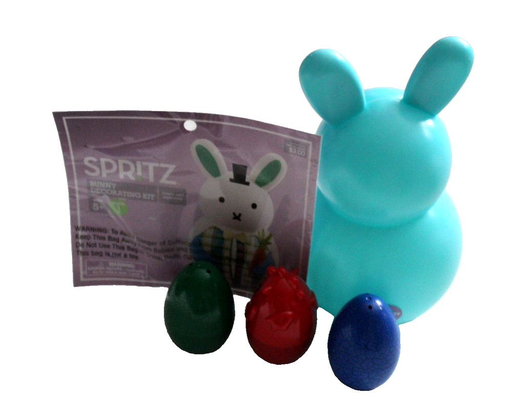 SPRITZ Blue Bunny Decorating Kit w/ 3 Green Blue Red Plastic Easter Eggs