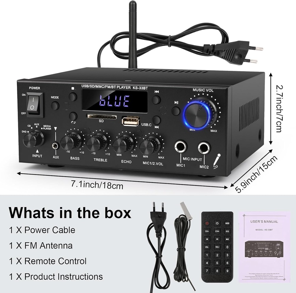 Compact 500W Audio Amplifier with Bluetooth