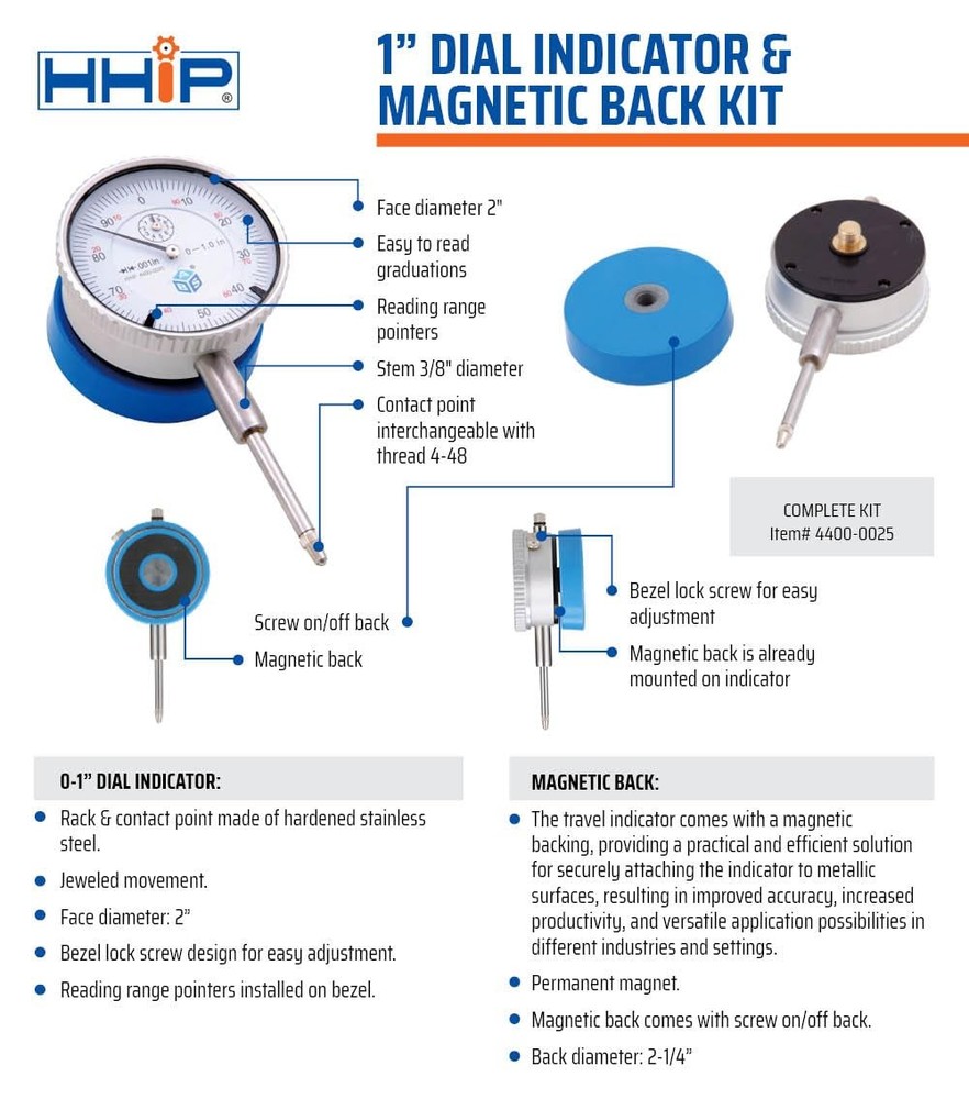 HHIP 4400-0025 1" Dial Indicator and Magnetic Back Set