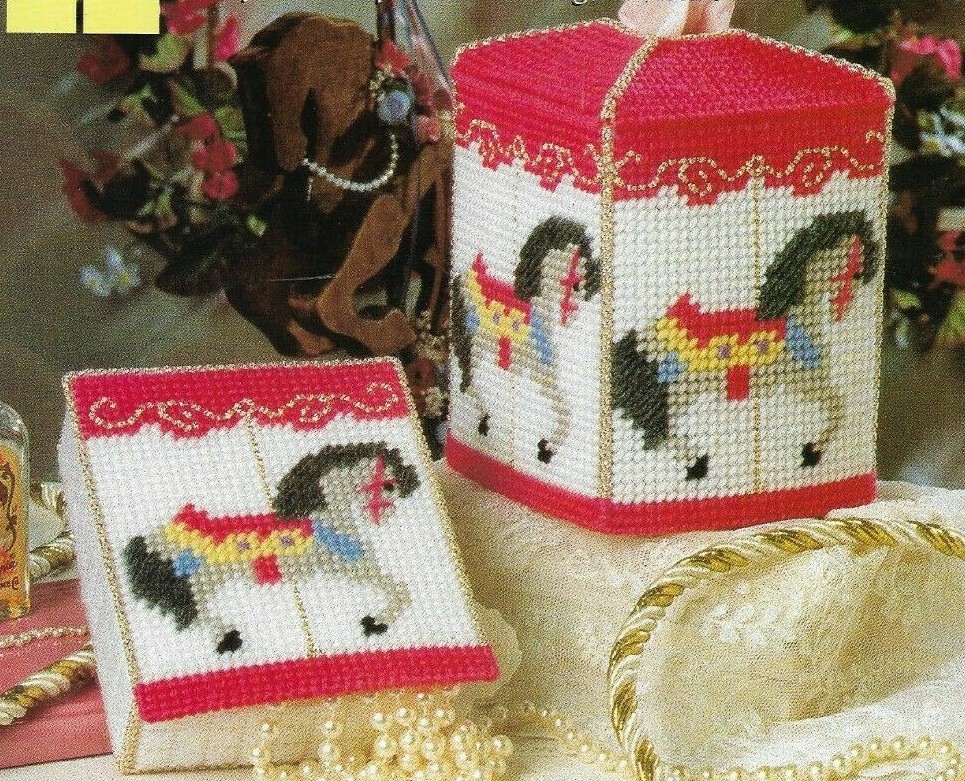 CAROUSEL HORSES TISSUE COVER HOME DECOR PLASTIC CANVAS PATTERN INSTRUCTIONS