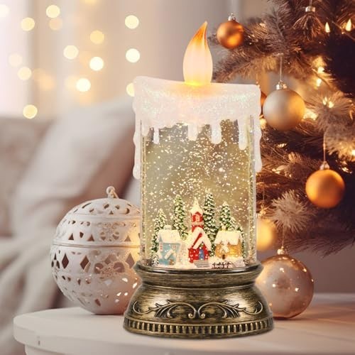 Musical Snow Globe Lantern with Timer, Battery & USB Powered Lighted Candle Lamp