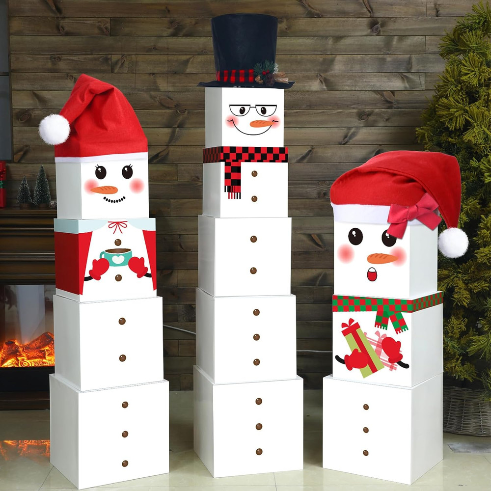 16 Pcs Christmas Stackable Snowman Family Gift Box Tower Nesting Decor with Lids