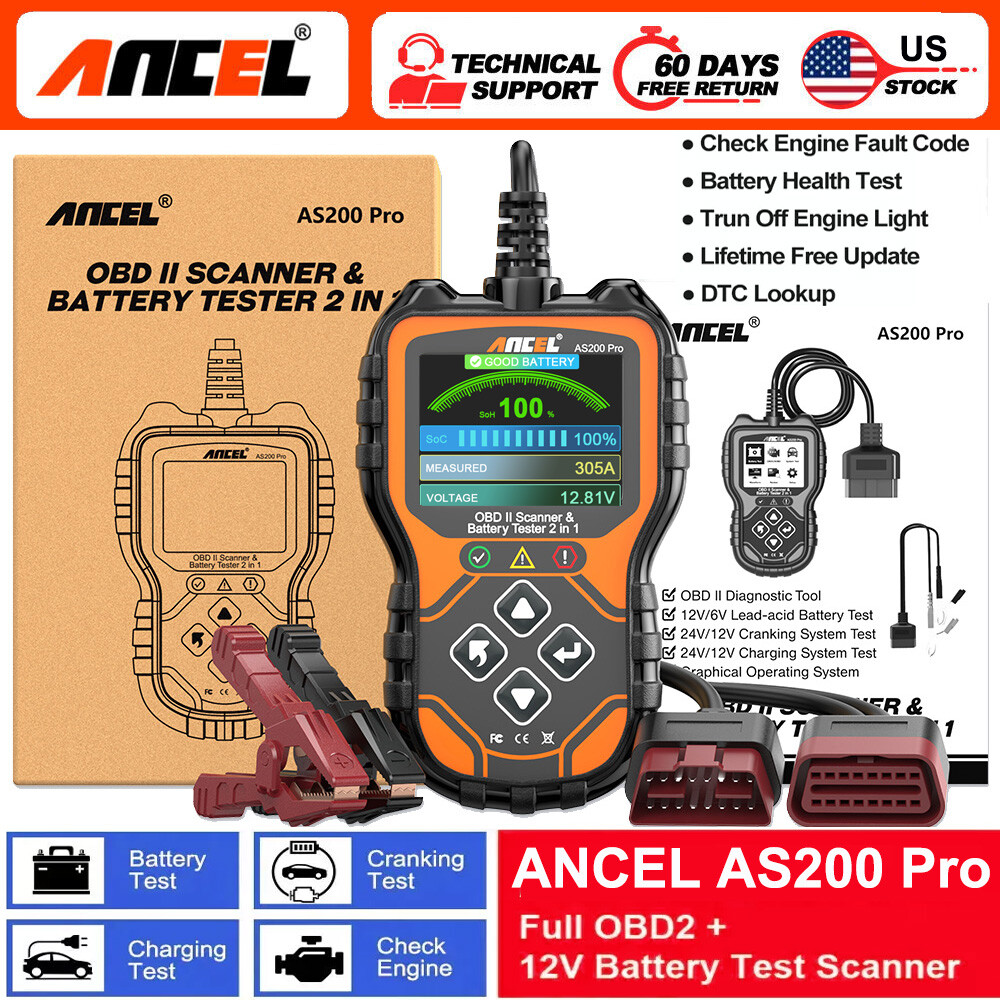 ANCEL AS200 Pro Car OBD2 Diagnostic Scanner Code Reader 12/24V Battery Tester