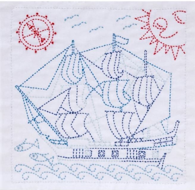 Sashiko World - SPAIN - GALLEON SAILING SHIP - Sampler Kit w/Needle & Thread