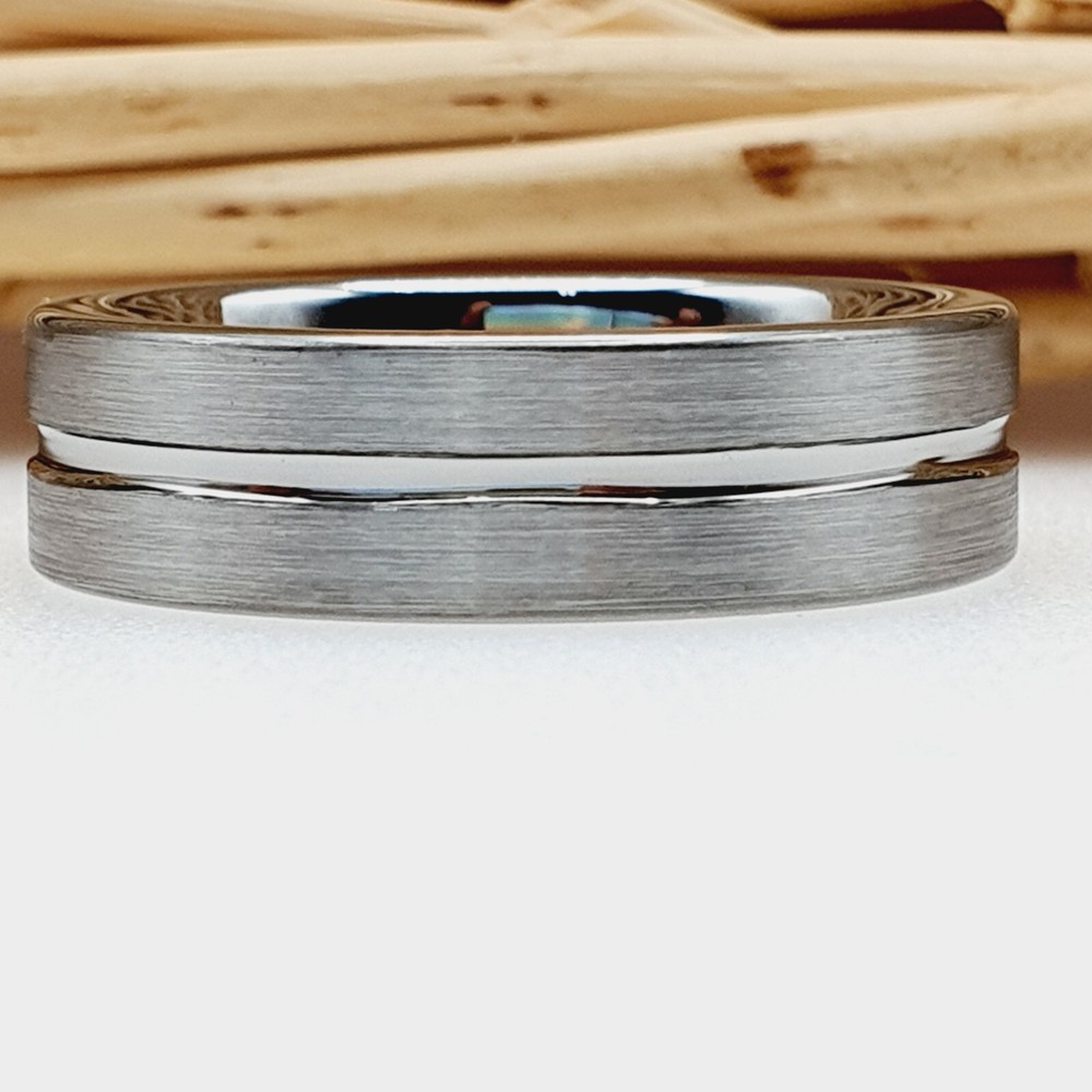 6mm Silver Tungsten Wedding Band Durable Scratch-Resistant Grooved Center Ring