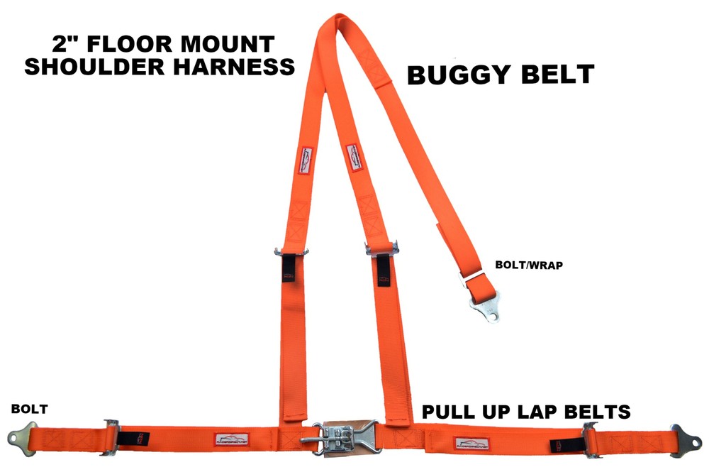 3 POINT SEAT BELT RACE HARNESS 2" LATCH & LINK PULL UP LAPS FLOOR MOUNT ORANGE