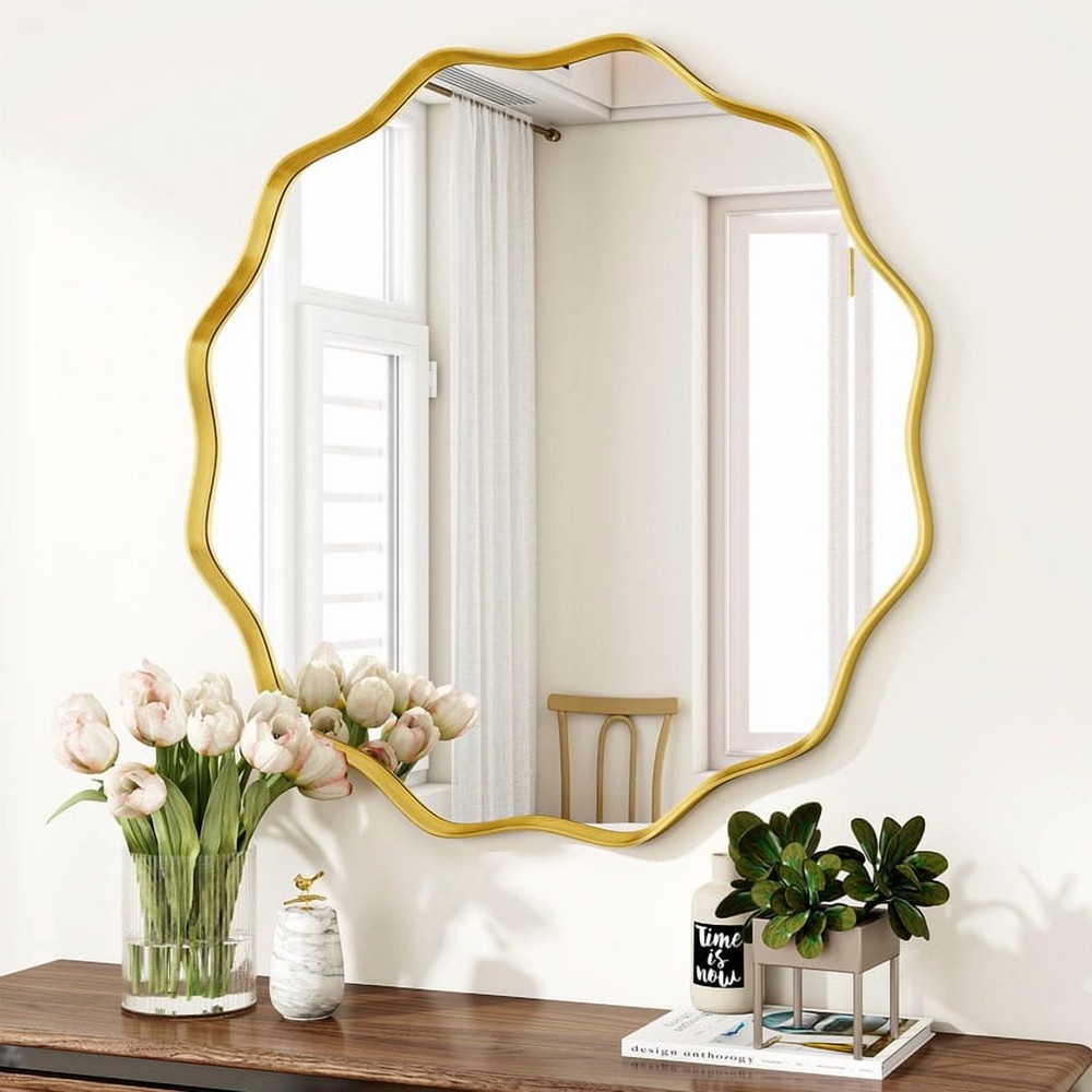 29" Wavy Round Decorative Mirror W/ Deep Frame Gold