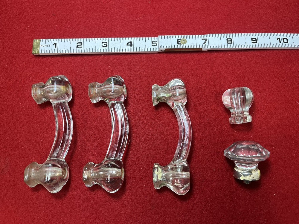 5 Antique Glass Pulls And Drawer Knobs