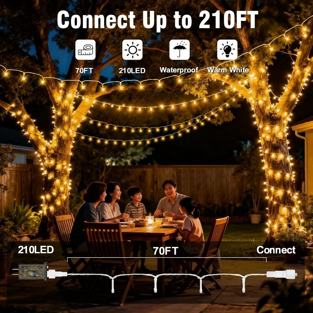 210 LED Warm White String Lights 70FT Transparent Wire Waterproof Connectable