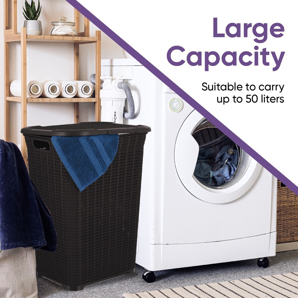 Plastic Laundry Hamper with Lid 50 Liter , Brown 3 Pack Knit Designed, Durable