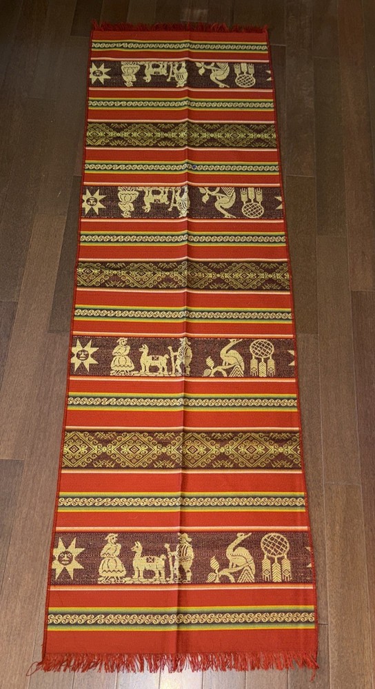 Andean Peruvian Handmade Textile Table Runner, Scarf 20X 66”, Alpacas Rust Red