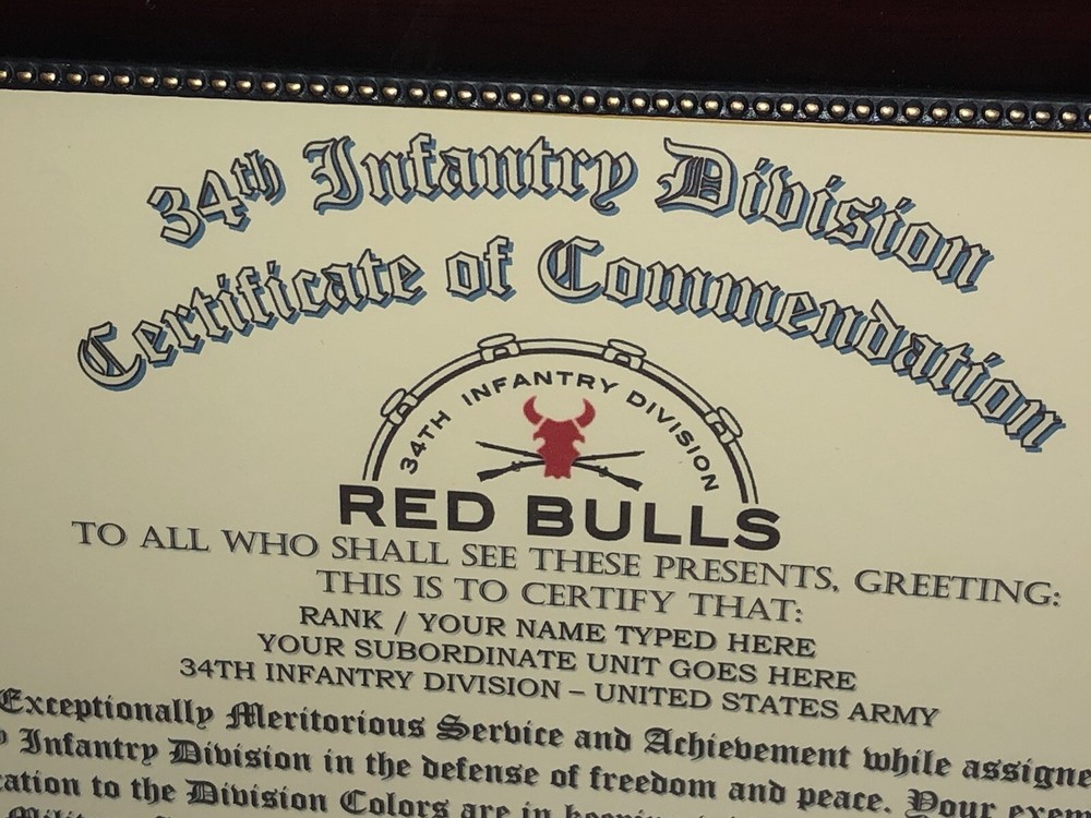 34TH INFANTRY DIVISION / COMMEMORATIVE - CERTIFICATE OF COMMENDATION