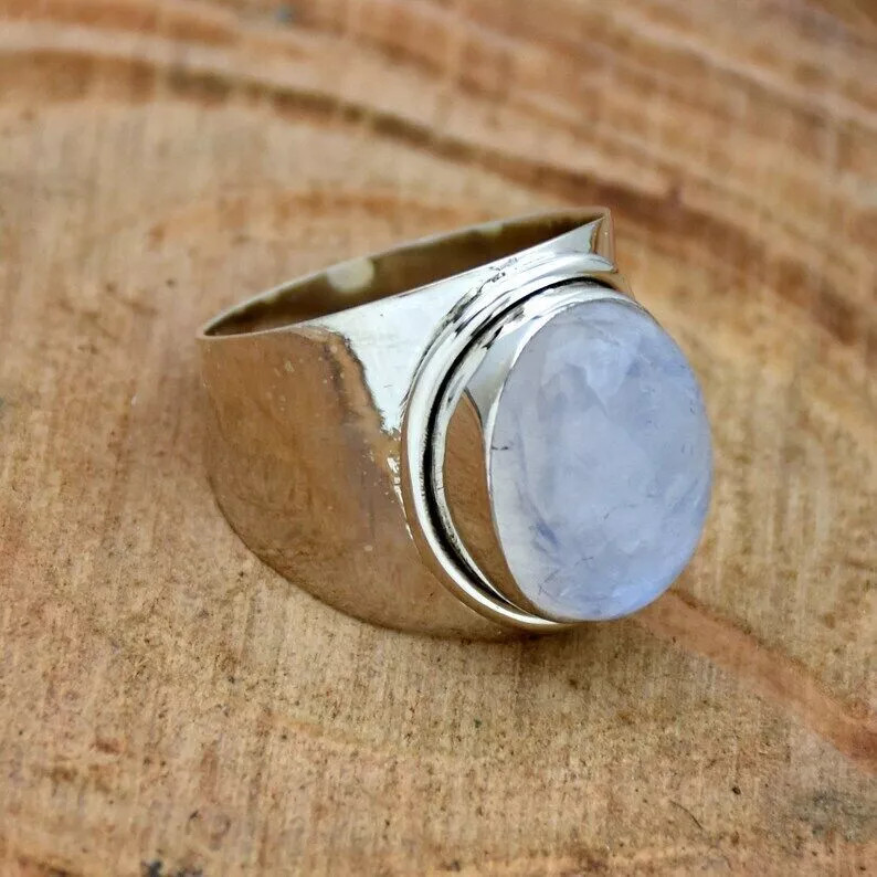 Natural Moonstone Solid 925 Sterling Silver Band & Statement Ring All Size D-161