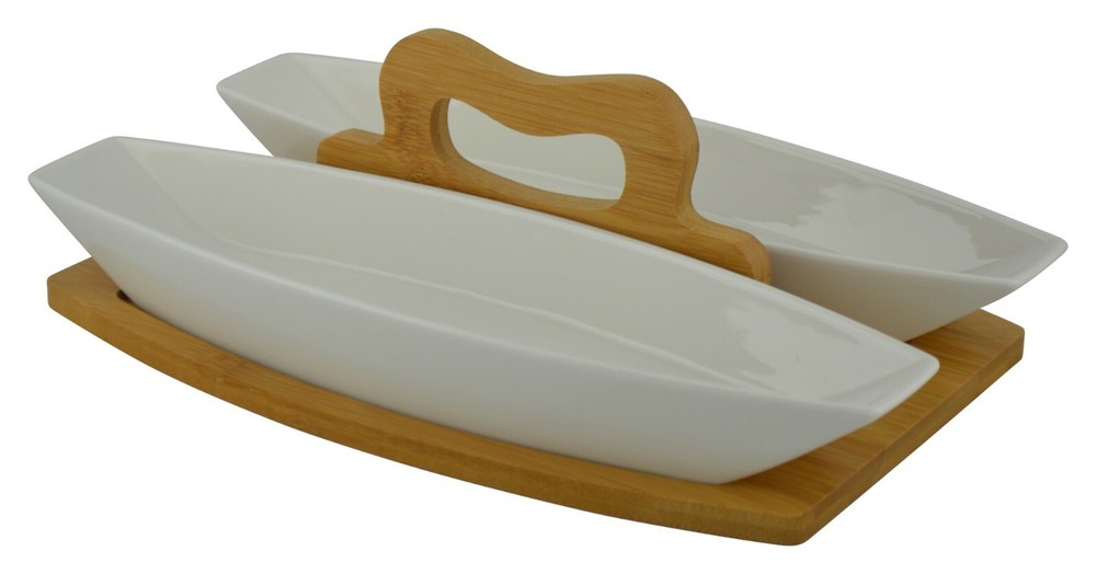 Whiteware Ceramic Double Serving Bowl on Bamboo Serving Board