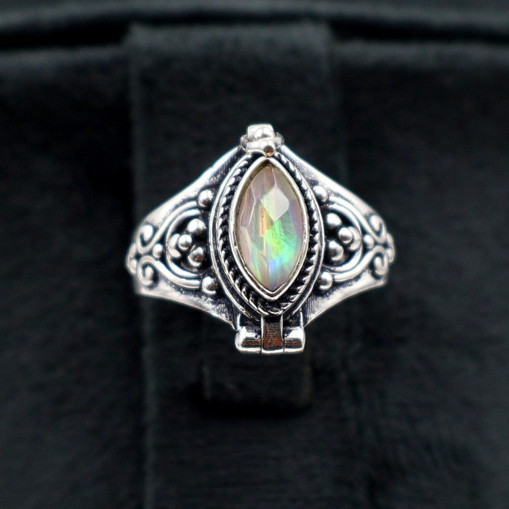 Aurora Opal Stone Poison Ring, 925 Silver Platted, Compartment Pill Box Ring