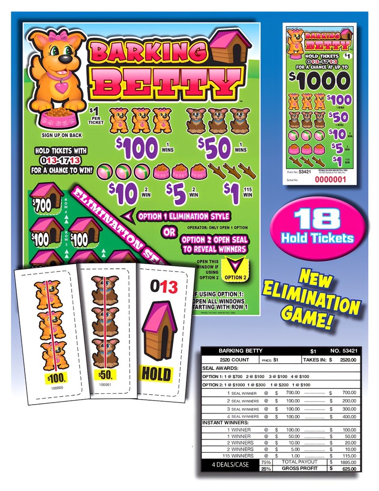 Pull Tab Ticket - Hard Card - Game - Holder - Barking Beatty #2 - 2,520 ct