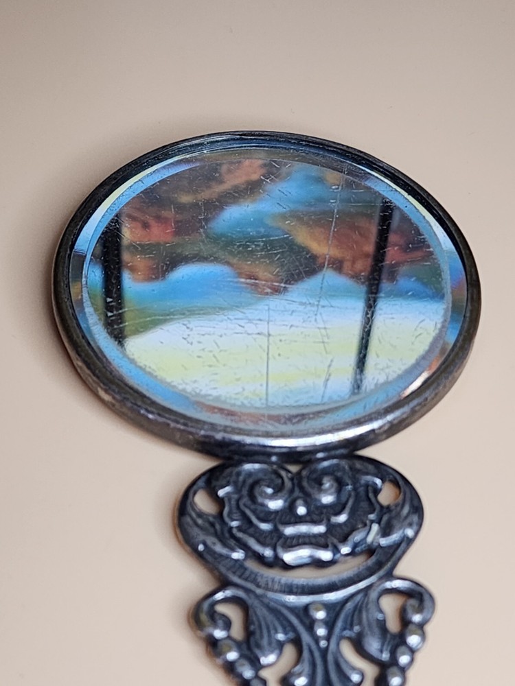 100 Yr Old HANS JENSEN DENMARK Silver Repousse Hand Mirror Original Beveled