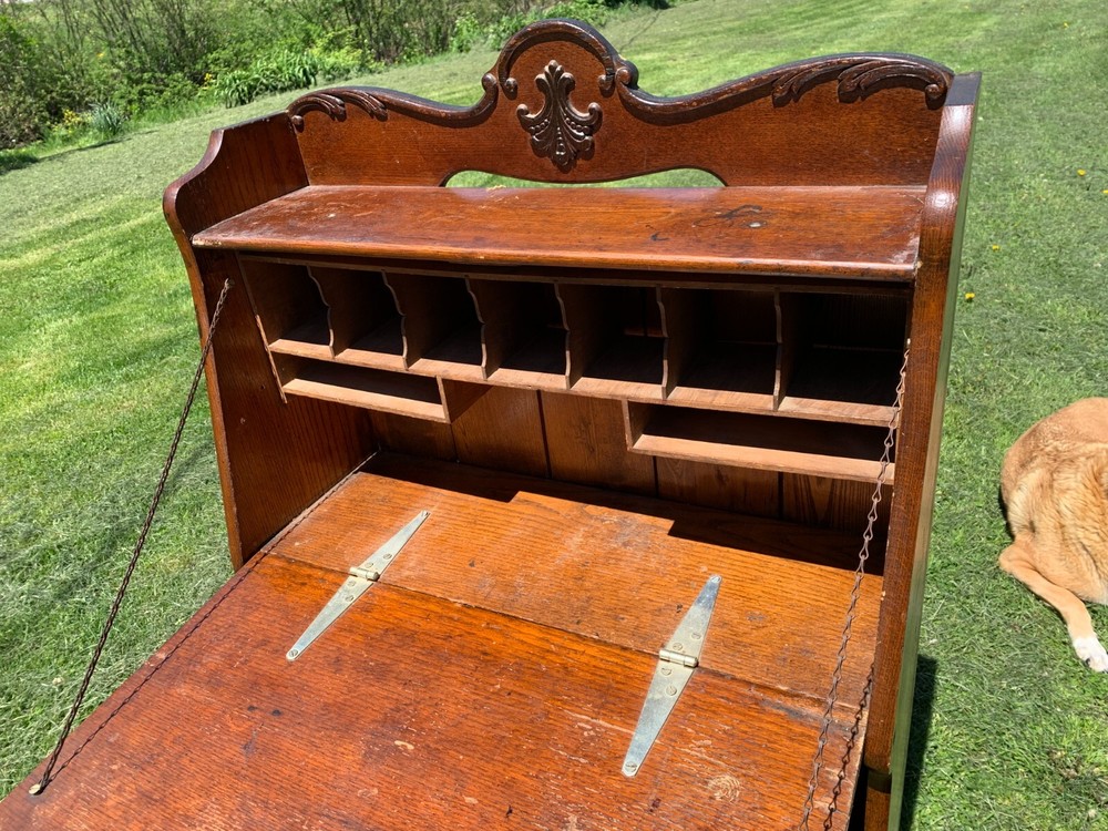 Antique Secretary Desk Solid Oak Pull Down, Bottom Drawer Book Shelf Board Bat