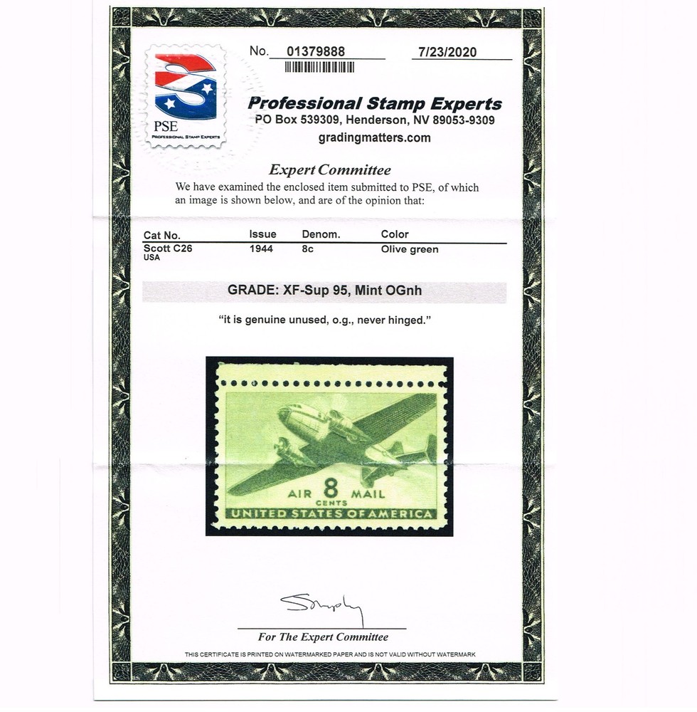 EXCEPTIONAL GENUINE SCOTT #C26 MINT PRISTINE OG NH PSE CERT GRADED XF-SUPERB-95