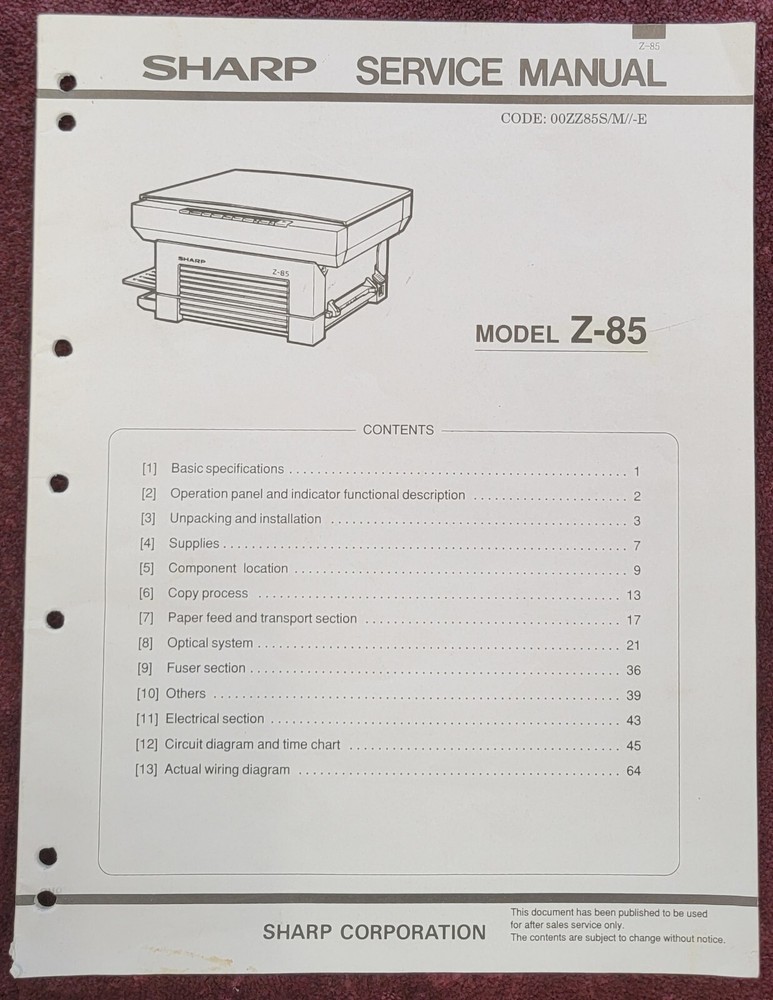 Sharp Z-85 Copier OEM Service Manual * VERY GOOD CONDITION