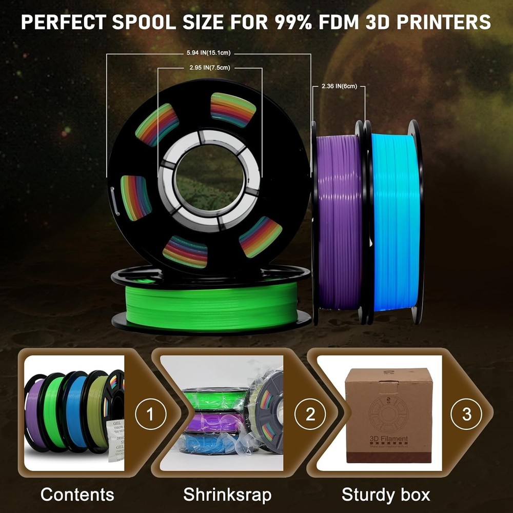 3D Printer Filament Bundle Glow in Dark Multicolor PLA 1.75mm 4