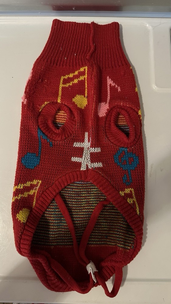 Musical Notes Pattern Red Dog Sweater (pre-owned)