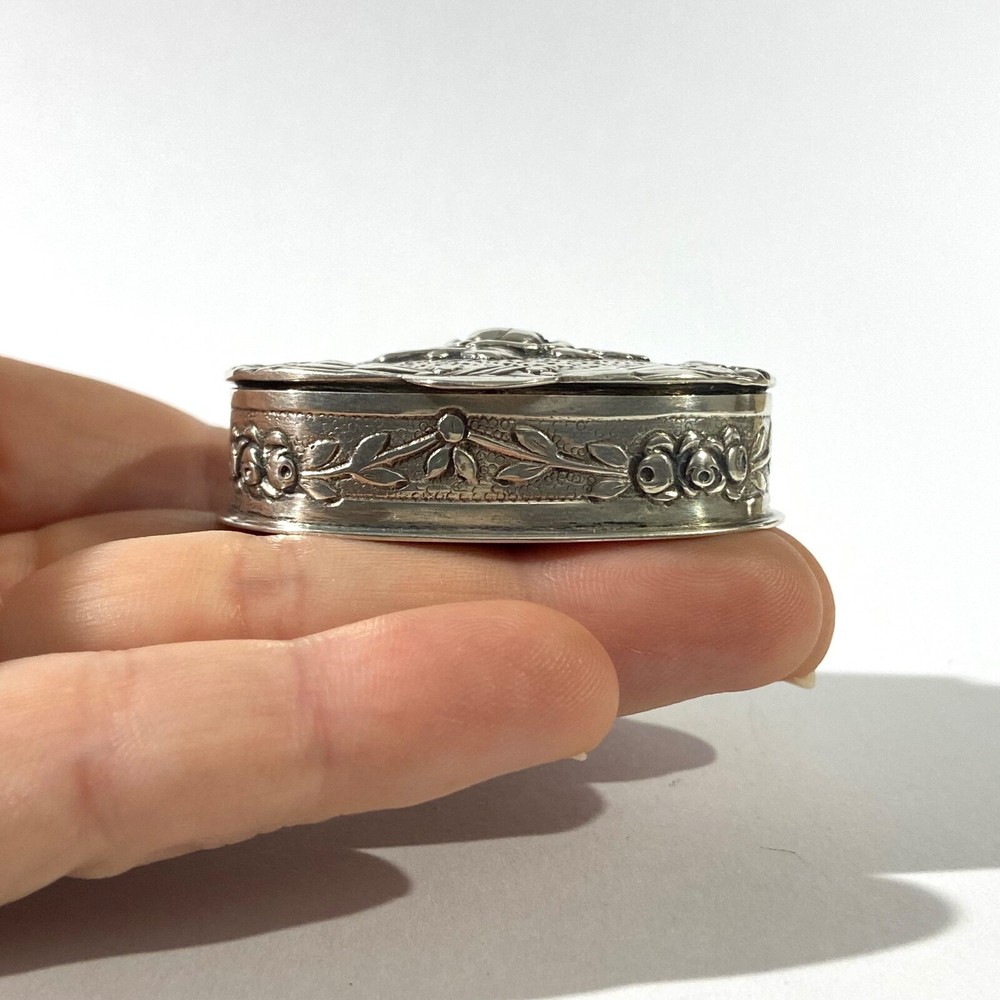 Antique Solid Silver Pillbox , Hallmarked with Floral decorations
