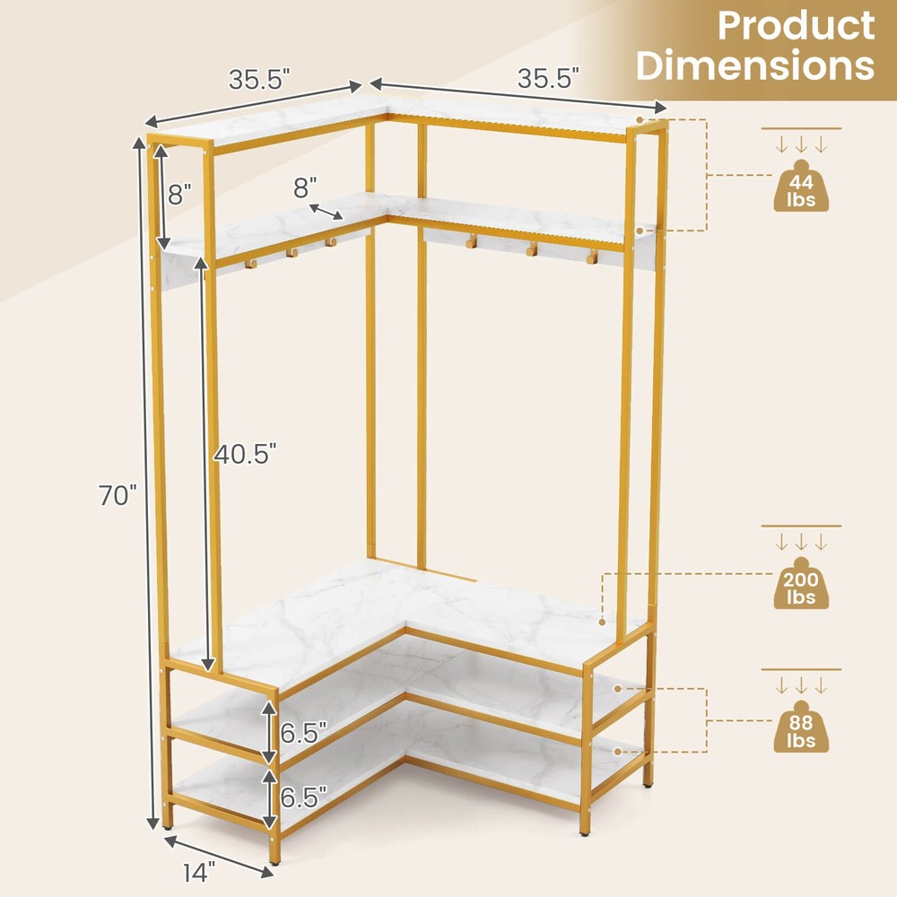Corner Garment Rack w/ Open Shelves & 7 Hooks Shoe Bench Solid Metal Frame