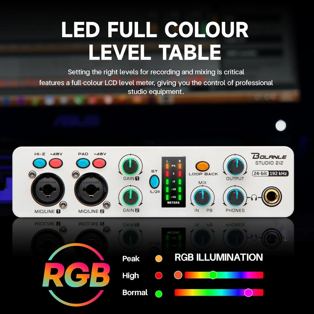 Bolanle Studio 2i2 Audio Interface 24-bit/192kHz, 2 Channel Portable USB