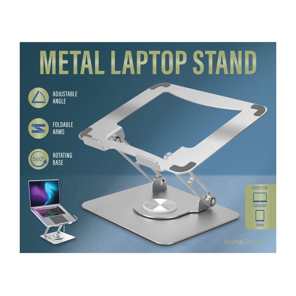 PrimeConnect Metal Laptop Stand Adjustable Foldable 360° Rotating Base.