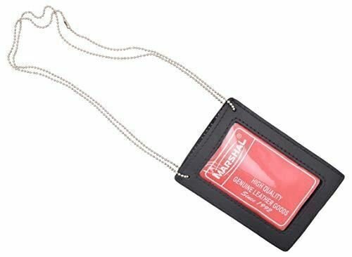 Genuine Leather Neck Chain Double ID Badge Holder, Black