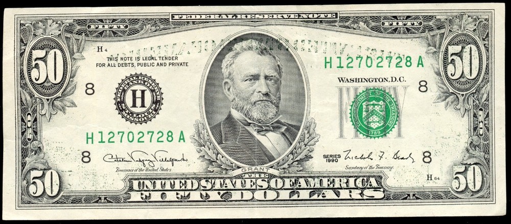 1990 $50 Bill Partial Ink Transfer Error Wet Ink Note Back to Front