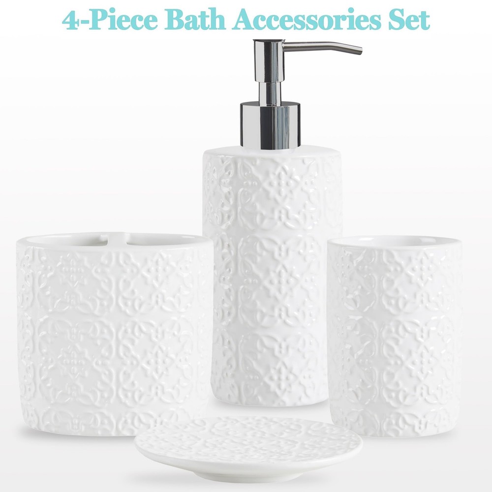 Ceramic Bathroom Accessories Set, Vanity Decor Storage Organizer, Embossed Da...