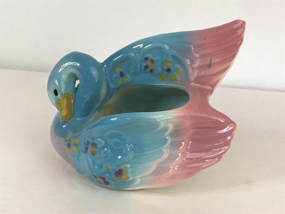Vintage Blue Pink Swan Ceramic Planter