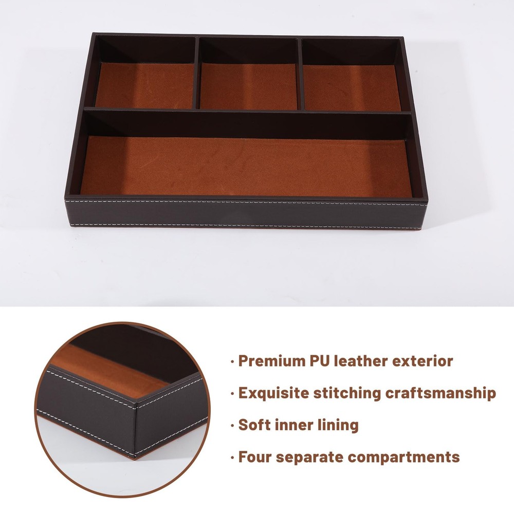 2 Pcs Desk Drawer Organizer 4 Grid PU Leather Drawer Storage Organizer Multi-...
