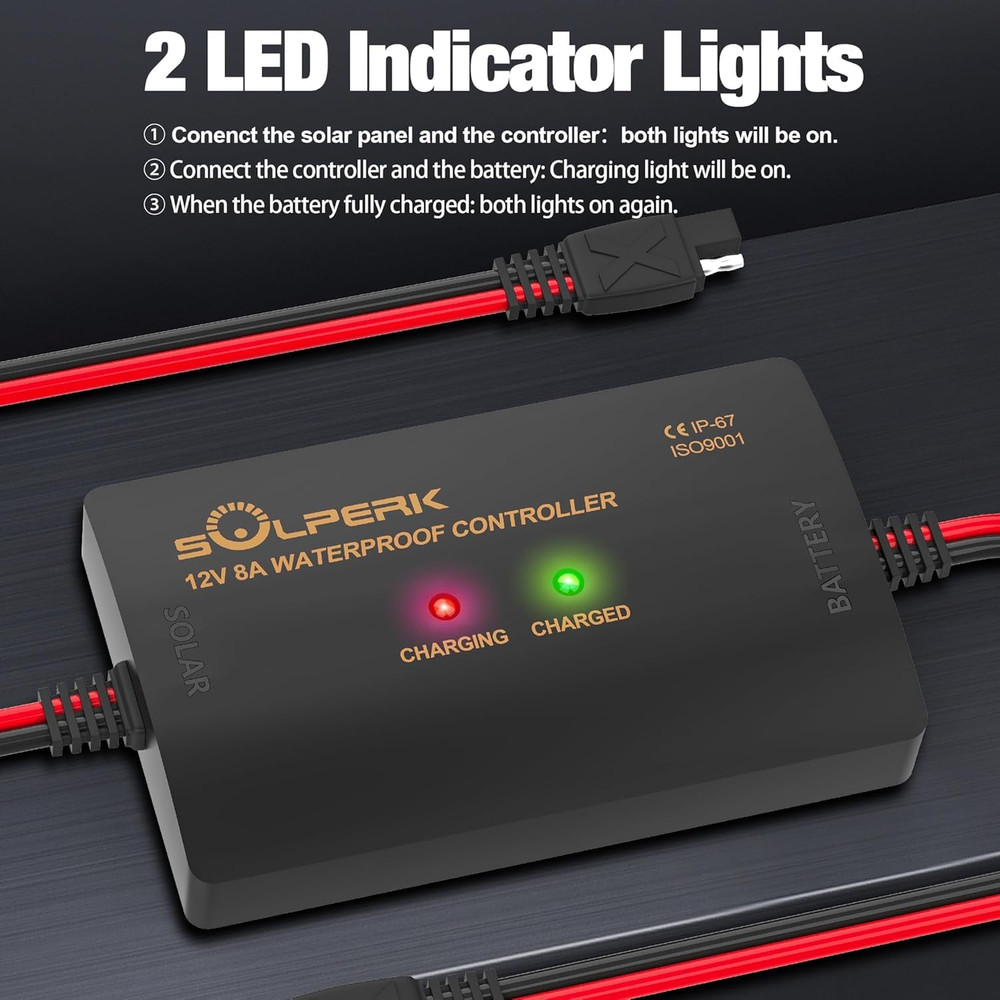 8A 12V Solar Charge Controller with LED Display, IP67 Waterproof PWM Intelligent