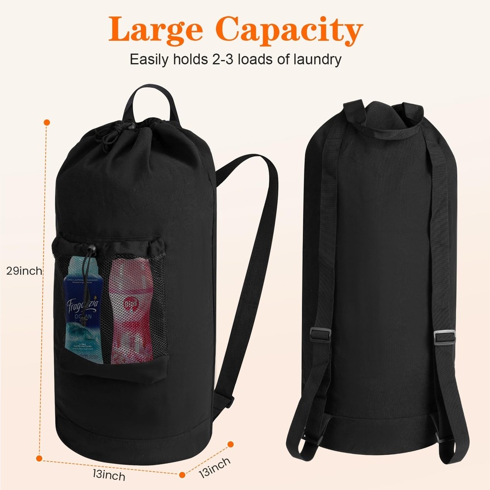 Canvas backpack laundry bag, laundry backpack with shoulder straps and mesh p...
