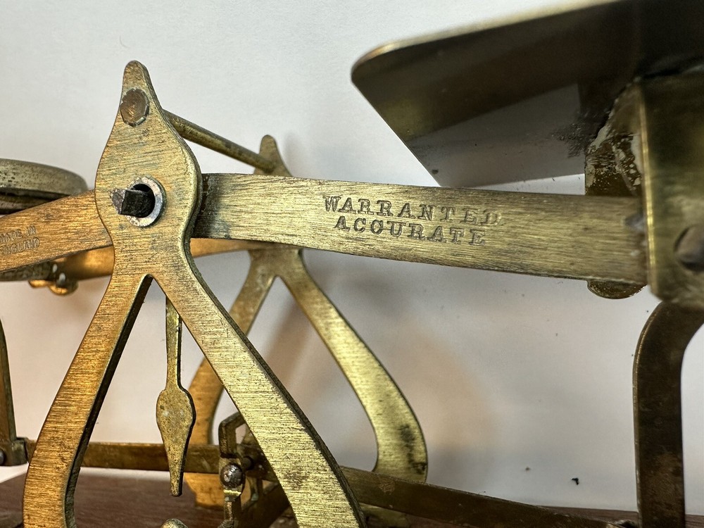 Vintage Brass postal scale, Wood Base With Three Weights.