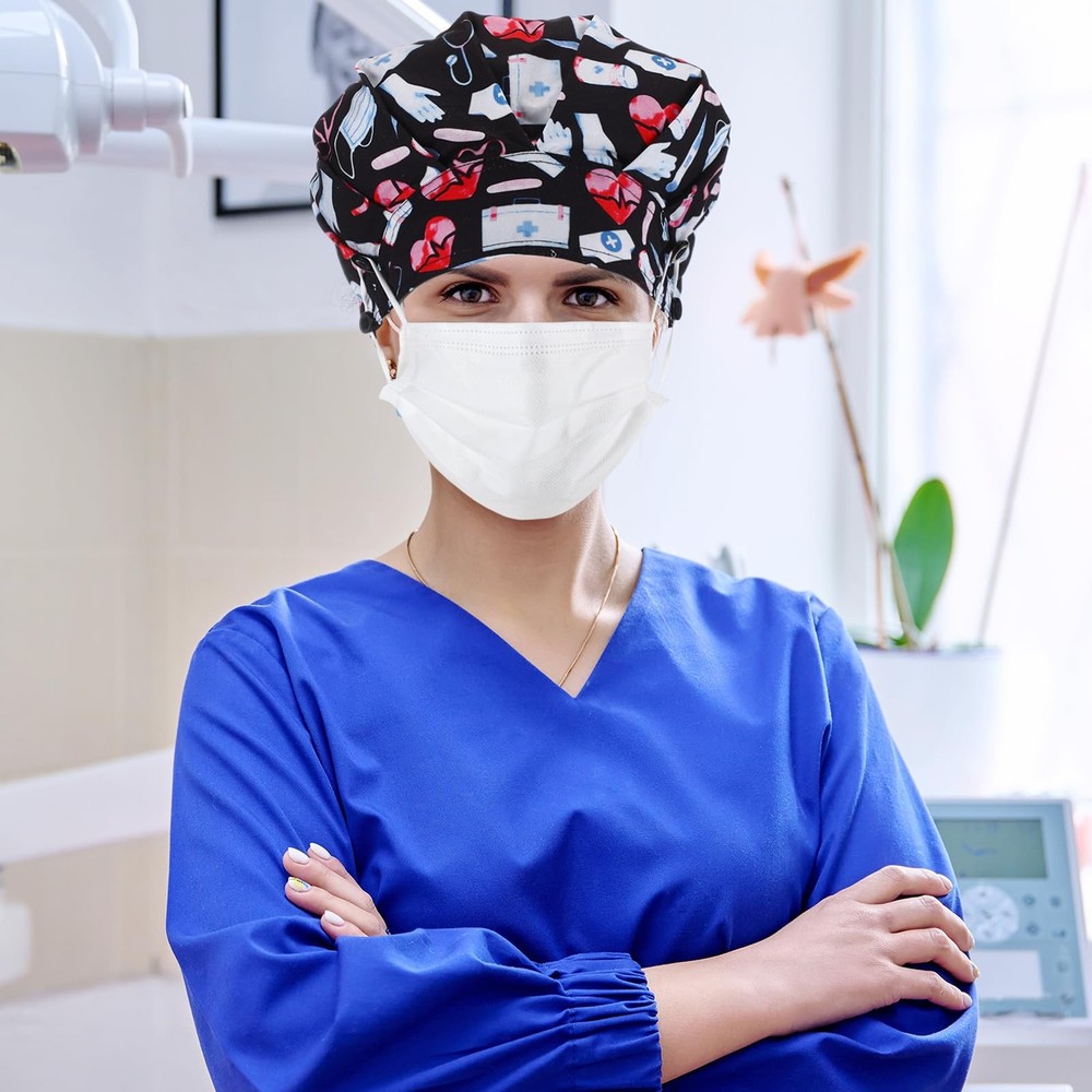 4 Pieces Bouffant Caps with Button Sweatband Adjustable Nurse Working Hat