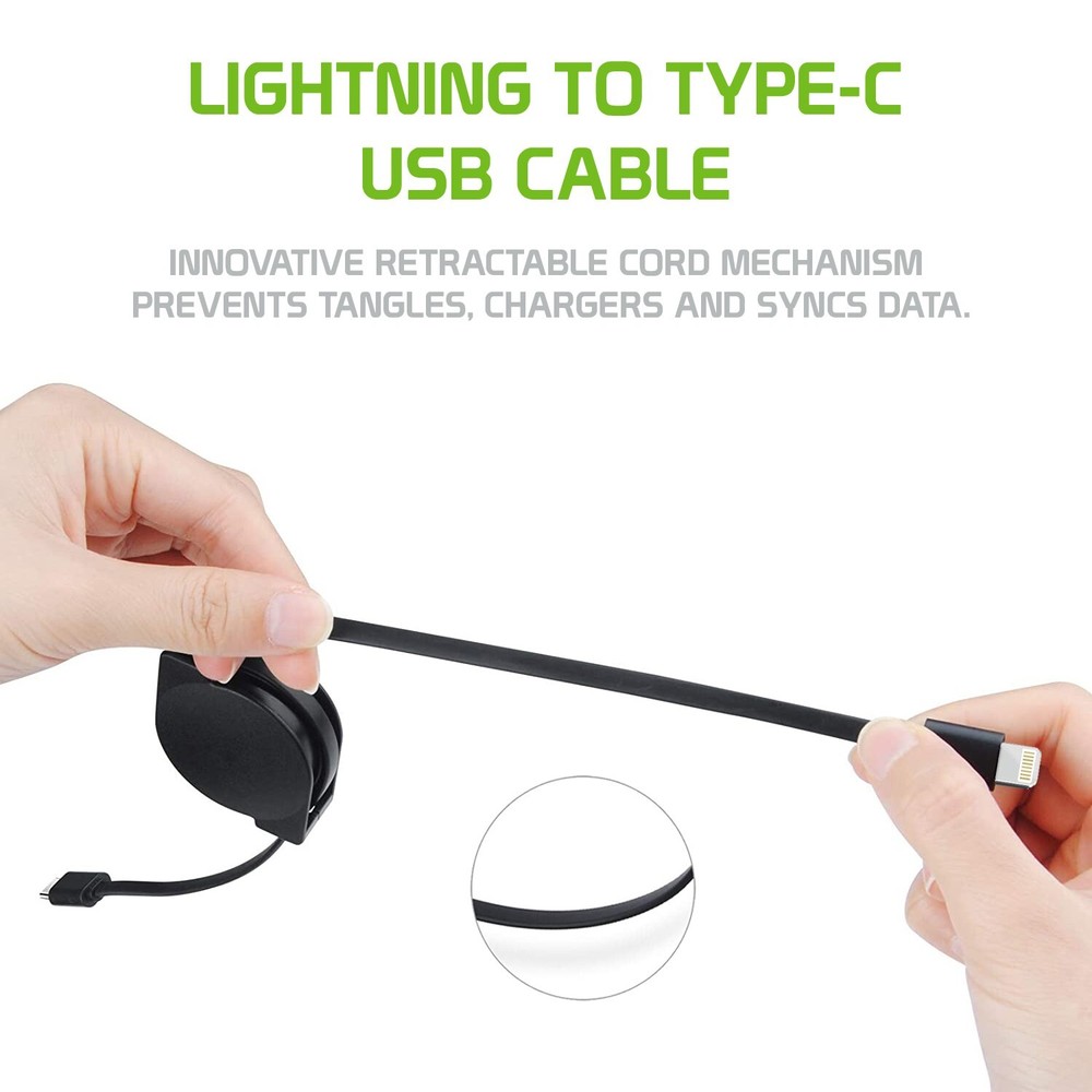 Retractable iPhone Cable, Lightning to USB-C Charging Cord (MFI Certified)